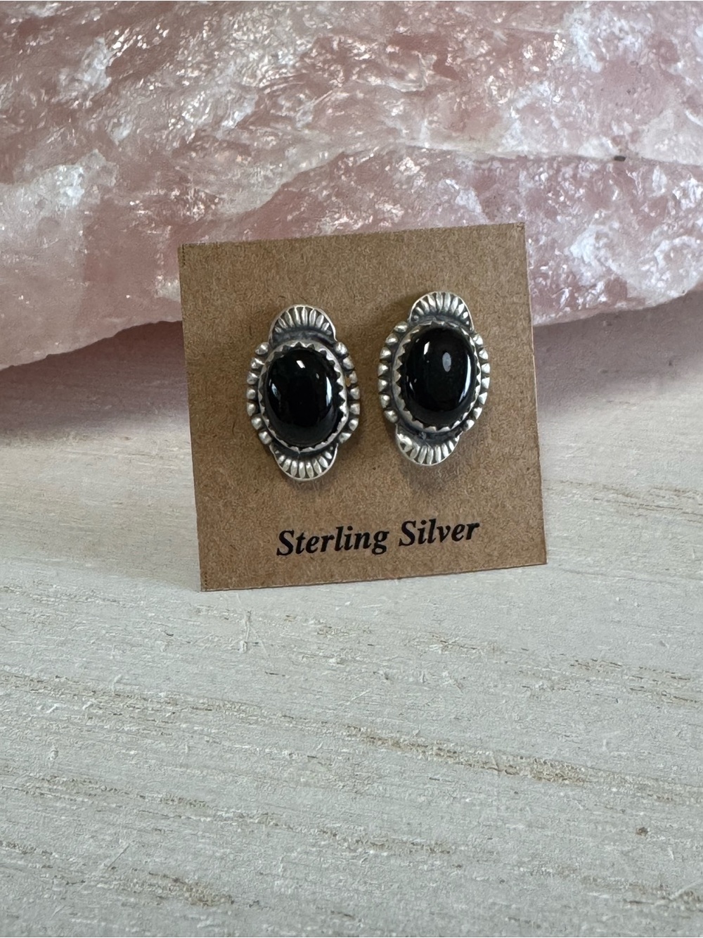 Black Onyx Sterling Silver Oval Stud Earrings - Southwestern Style